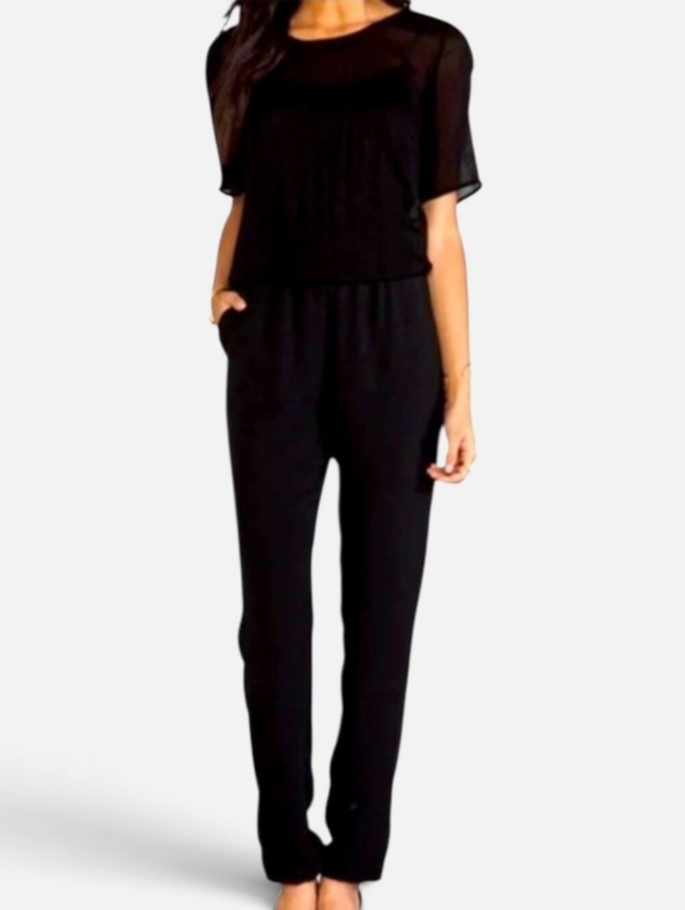Ella Moss Black Crepe Jumpsuit Sheer Top Straight Leg Short Sleeve Open Back M